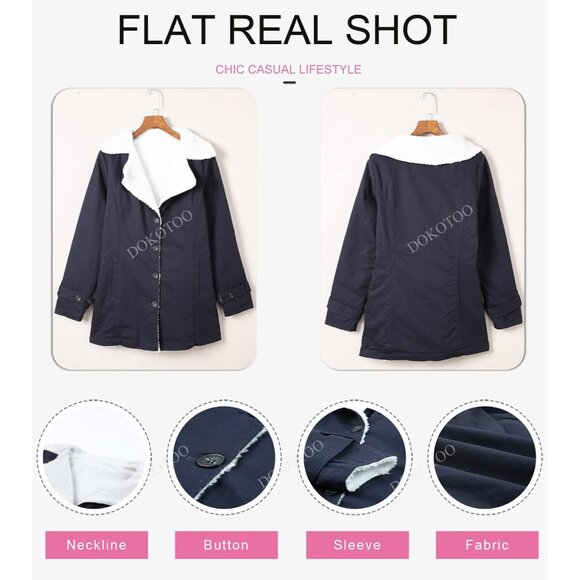 Women's Cotton Sherpa Lined Winter Coat Stand Collar Pockets Plus Size - Picture 4 of 4